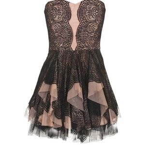 BCBGMaxAzria Black and Tan Asymmetrical Strapless Dress